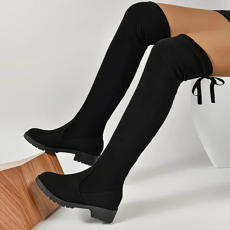 Faux Suede Female Heels Autumn Zipper Elastic Knee-high Boots for Women Tube Lace-up Thigh Gigh Boots Black Botas Mujer 241114