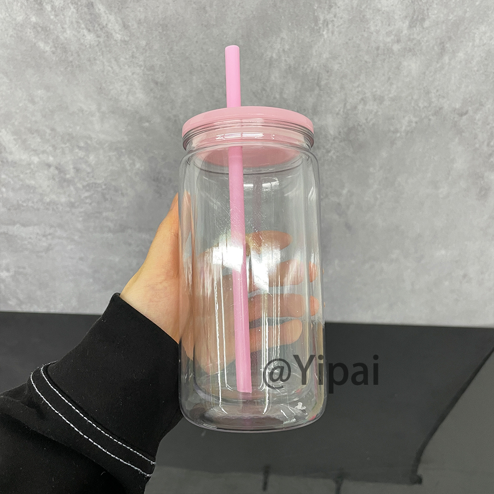 BPA free 12oz inner 16oz outer snow globe pre-drilled glitter plastic soda can USA warehouse double walled acrylic iced coffee cups with silicone plug
