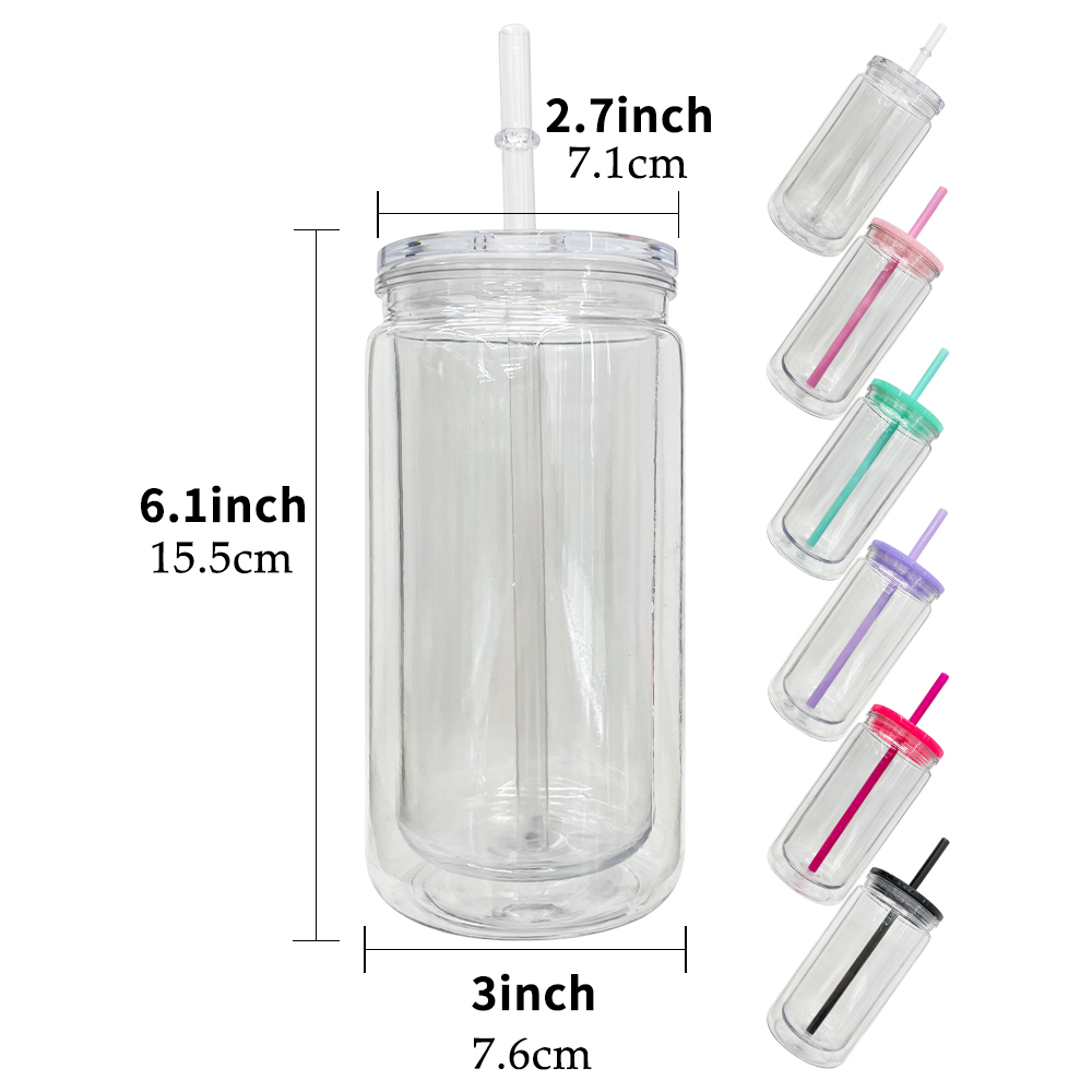 BPA free 12oz inner 16oz outer snow globe pre-drilled glitter plastic soda can USA warehouse double walled acrylic iced coffee cups with silicone plug