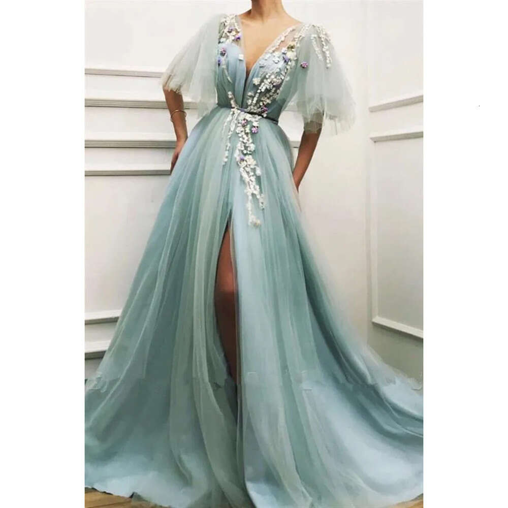 E V Neck Tulle A Long Prom Flare Sleeves Lace Applique Split Or Length Formal Party Evening Dresses Bc Pplique 6660306