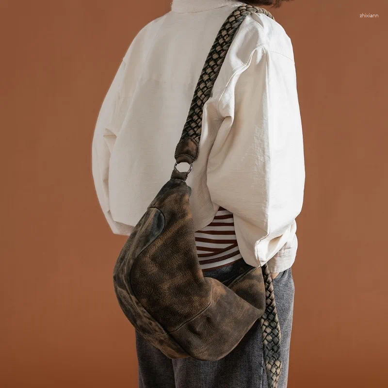 Totes Niche Design Original Retro Washed Bag Hand-woven Shoulder Strap Spliced Cowhide One-shoulder Cross-body Tote For Women zhanyishengli