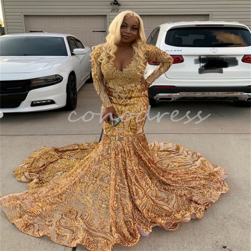 Sparkly Gold Sequin Prom Dress Plus Size Black Women Mermaid Evening Gowns Long Sleeve Appliques Lace Birthday Formal Customized Special Occasion Part