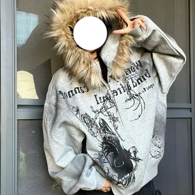 Y2K Neo Gothic Printed Hip Hop Fashion Elements Hoodie Loose Large Leather Collar Thick Coat Harajuku Jacket 241126