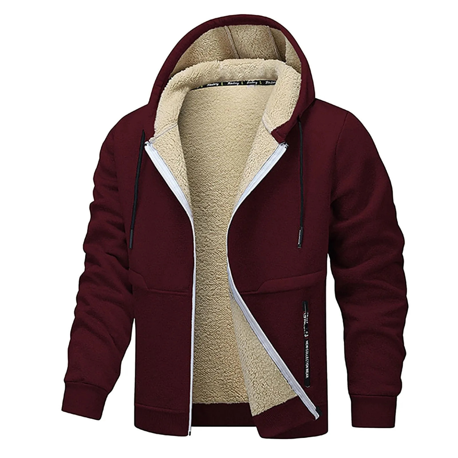 Mens sports shirt zipper winter warm high-quality wool jacket plus size thick lining solid color hooded jacket 241120