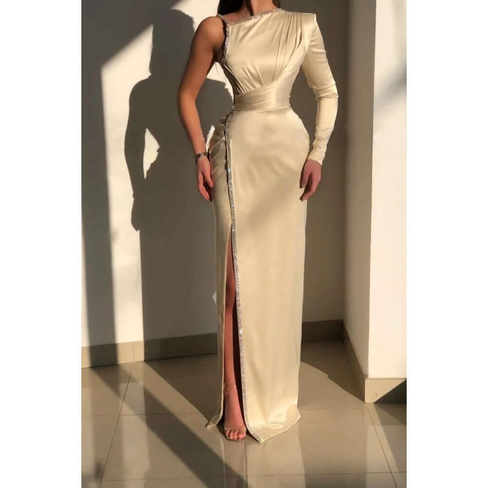 One Shoulder Evening Elegant Satin Dresses Long Sleeves Ruched Beaded High Split Prom Gowns Women Formal Party Wear Bc 6660306