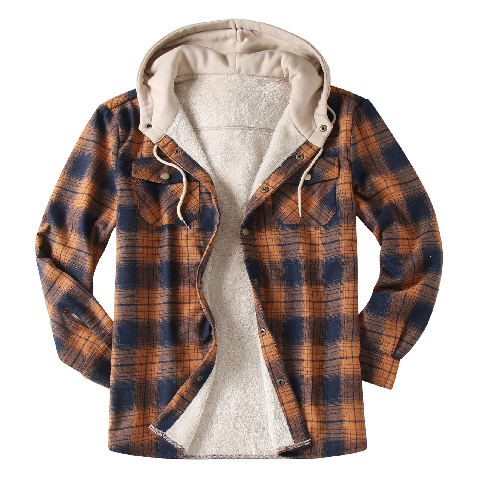 Mens casual hooded plain woolen sweater with warm velvet lining for autumn and winter flannel shirt for mens Camisas De Hombre 241126