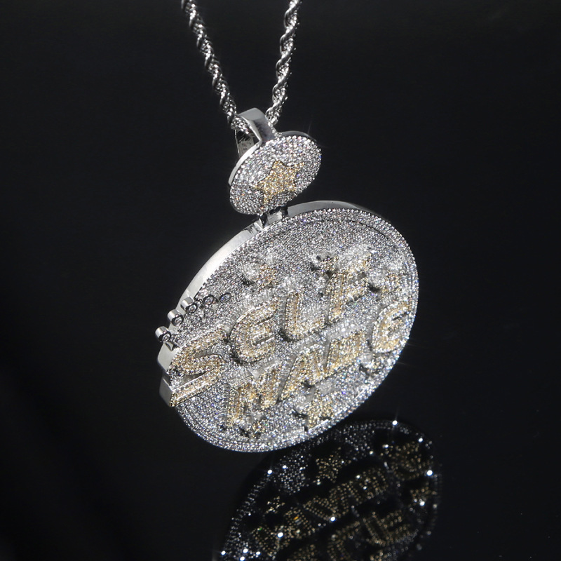 Hip Hop Large Round Plate SELFMANG Letters Pendant Mens Jewelry Full 5A Zircon Rap Jewelry