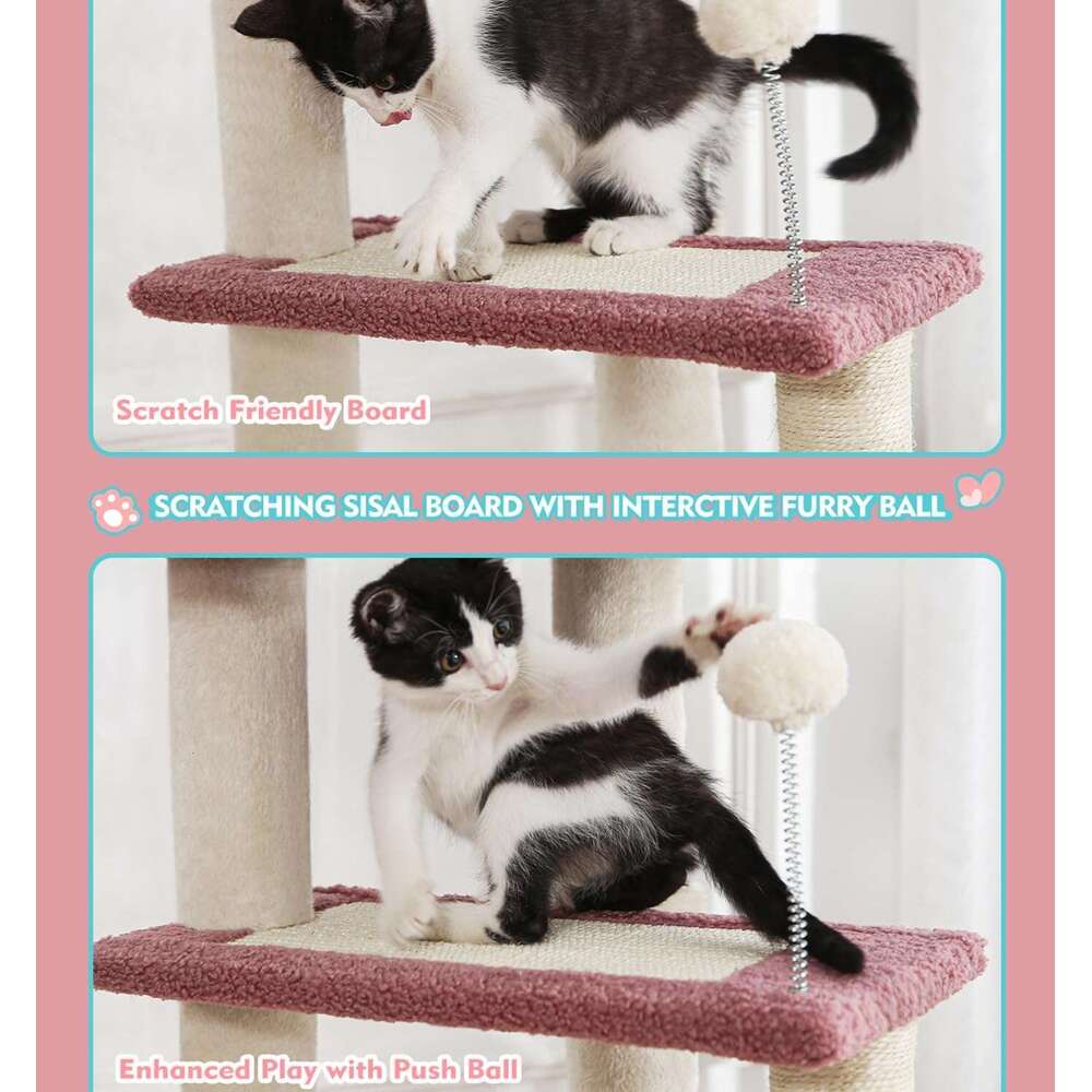 Made4Pets Cat Tree, Cat Tower Indoors Cute Wood Kitty Condo with Scratching Post Pad, 29" Multi-Level Modern Activity Climbing Furniture, Pink, 3
