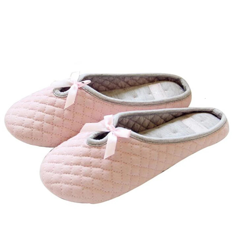 Lovely Bowtie Winter Women Home Slippers For Indoor Bedroom House Soft Bottom Cotton Warm Shoes Adult Guests Flats 241126
