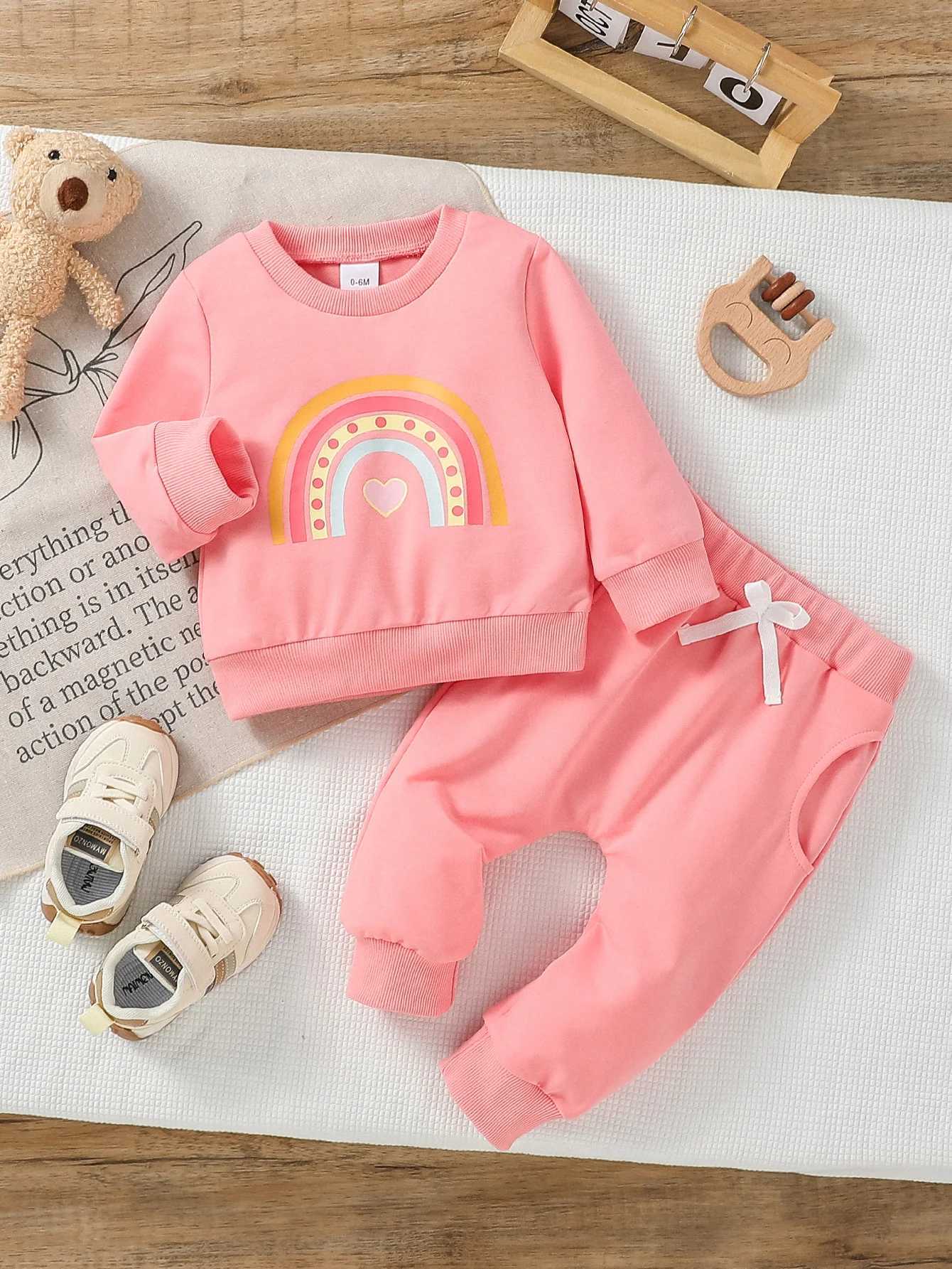 Clothing Sets 2pcs Baby girl autumn casual and cute cartoon rainbow Pink Sweatshirt+ Long Trousers With bow Active Fashion Set H241126