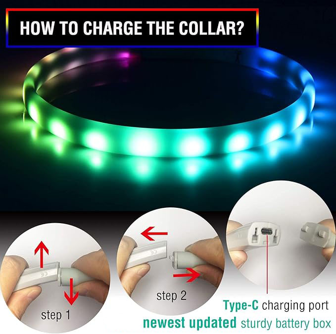 Waterproof USB Rechargeable Silicone LED Dog Collar Multicolor Night Safety Flash Glow Rechargeable Luminous Pet Dog Collar