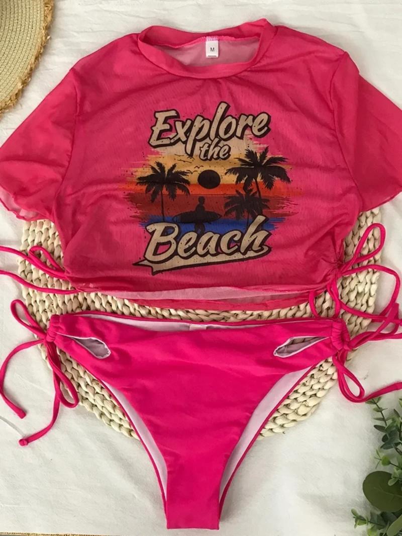 Womens Swimwear Women Coconut Palm Print Bikini Sets 2024 Short Sleeve Swimsuit Push Up High Waist Bathing Suit Young Style