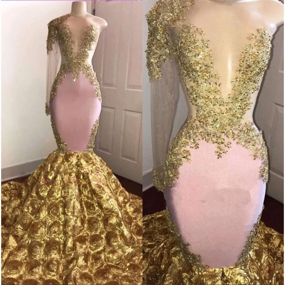 Shoulder Long One Mermaid Prom Dresses Tulle Lace Beaded D Floral Floor Length Formal Party Evening Gowns Bc