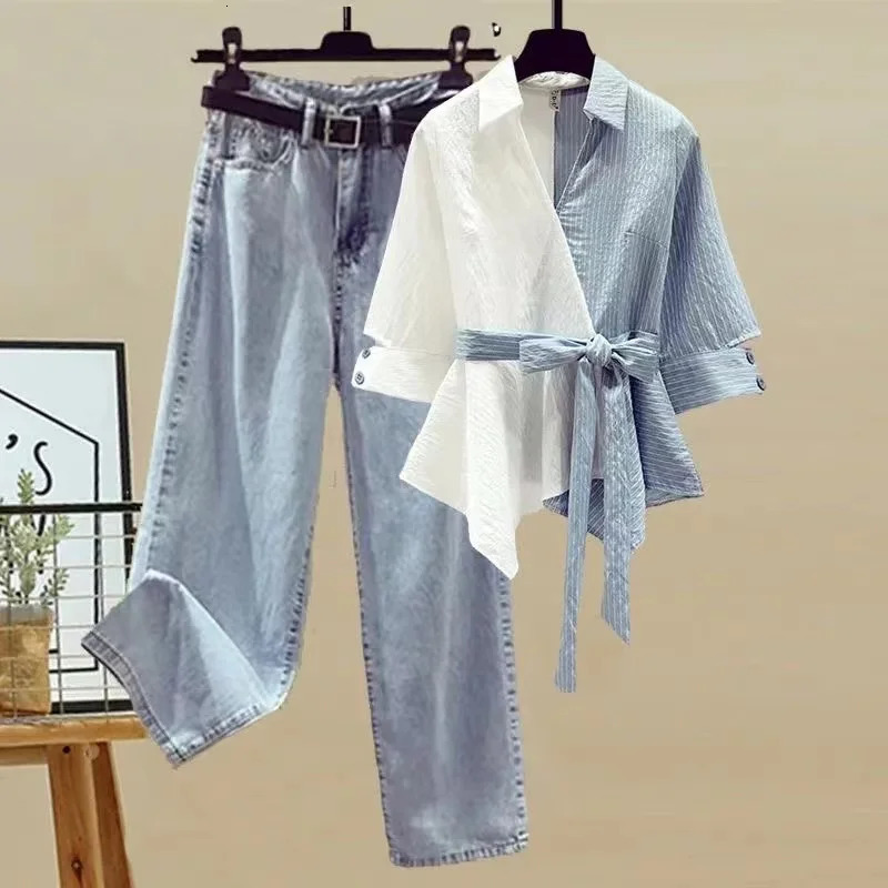 Summer Stitched Chiffon Long Sleeve Shirt Female Pant Set Elegant Womens Jeans Casual Ladies Blouse Two Piece 240423