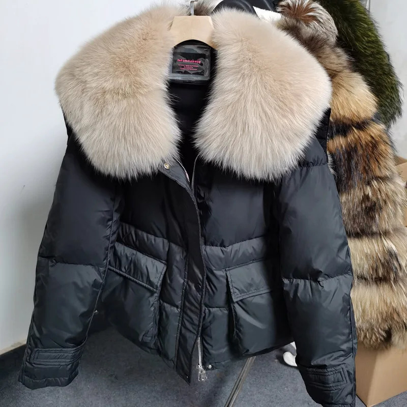 Maomaokong loose Real Fox fur collar 2024 white duck down jacket womens winter inflatable jacket oversized wool jacket 241126