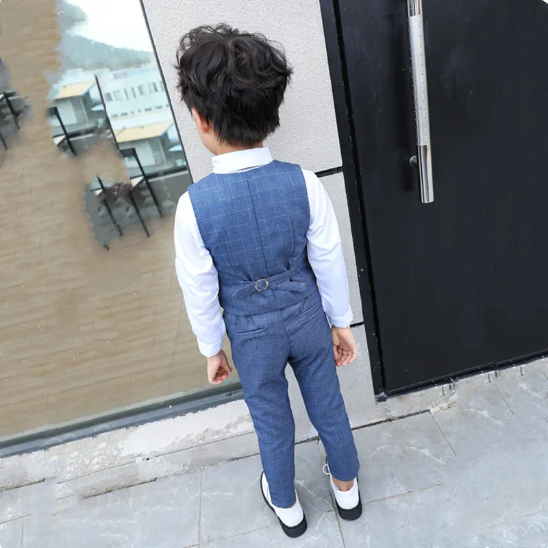 Boy Plaid Vest Blazer Kids Waistcoat Wedding Clothes Set Toddler Formal Dress Suit Child Brooch Shirt Pant Baby Gentlemen Outfit 241126