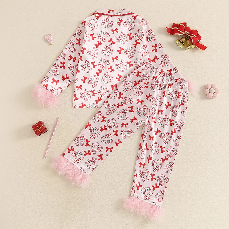 Satin Christmas Pajamas for Girls Cup Milk Christmas Silk Pajamas 2PC Button-Up Pjs Feather Sleeve Kids Xmas Pajamas Set 241126