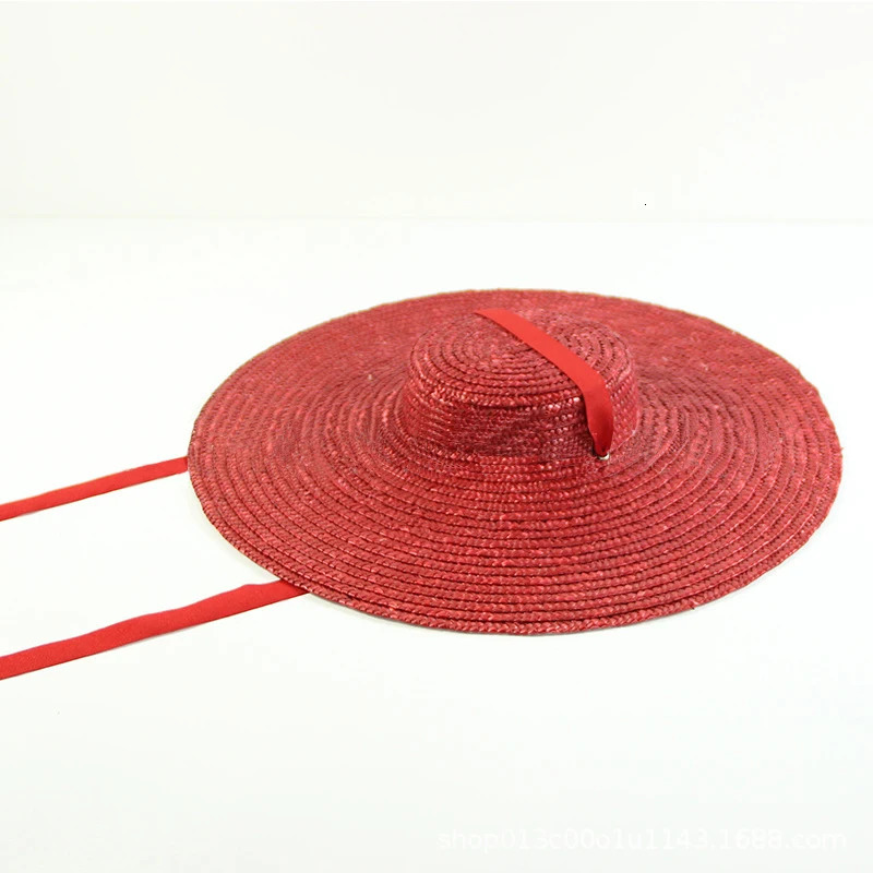 15cm wide Brim straw hat flat top summer beach hat womens ribbon rowing hat gray black pink blue with shoulder strap 241125