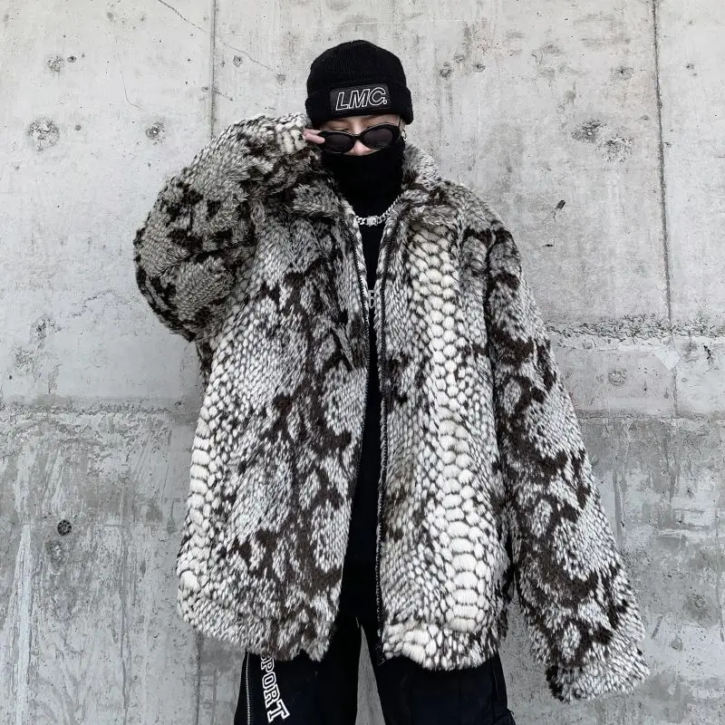 Cotton clothing mens fashion imitates fur snake pattern quilted jacket cashmere coat street style retro loose couple style 241126
