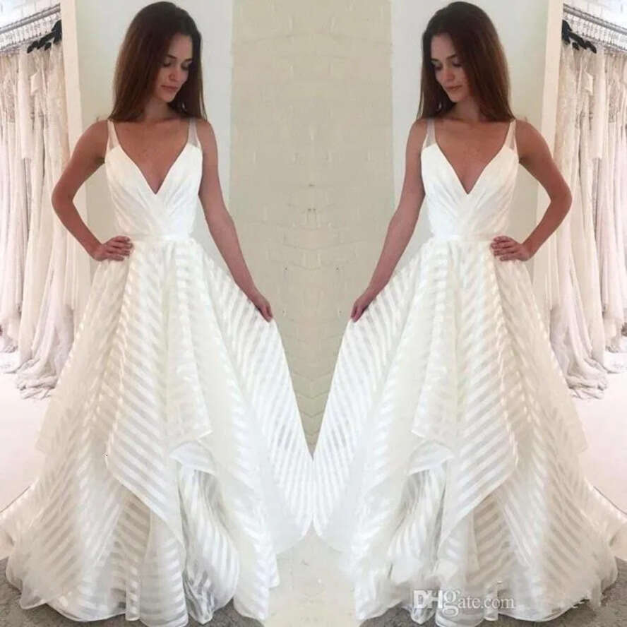Deep V Neck Spaghetti Straps A E Wedding Dress Stripes Lace Tulle Tiers Ruffles Or Length Bridal Gown Robe De Mariee Bc0856