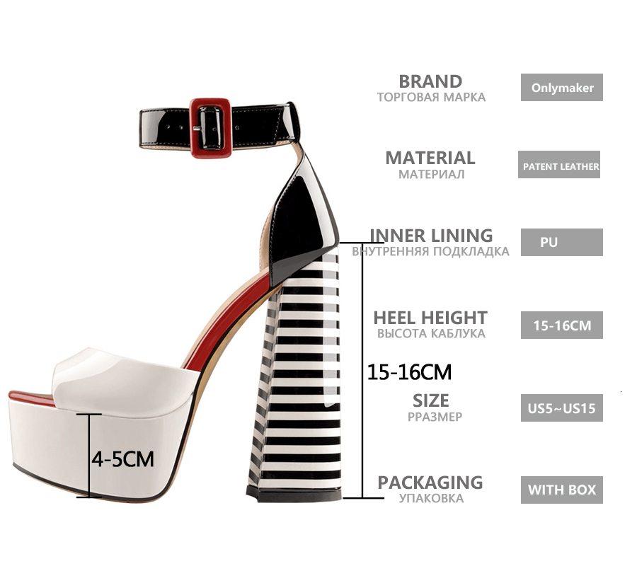 Onlymaker Women Platform Peep Toe Chunky Square Heels Ankle Strap Sandals Black And White Stripes Party Fashion Shoes