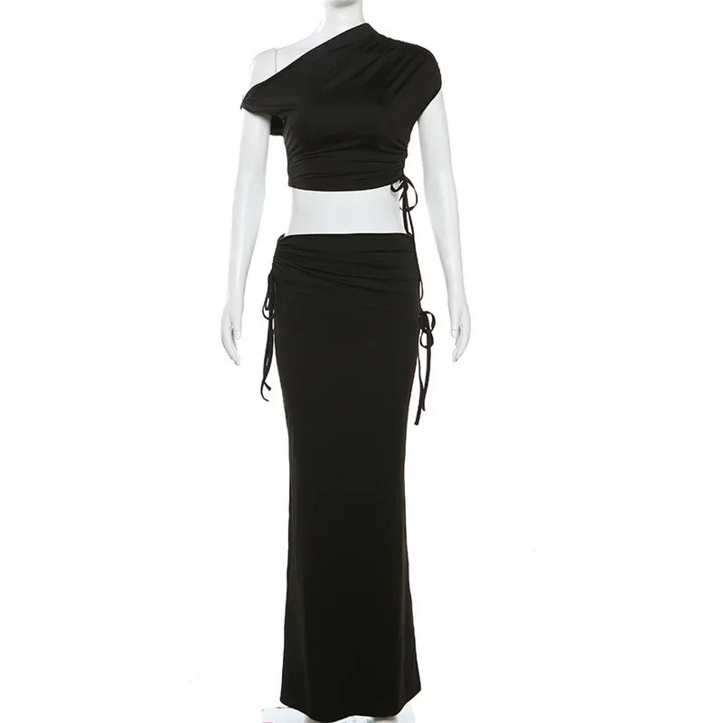 Summer Bandage Bodycon Dress Suits Women Y2K Streetwear Short Sleeve Crop Top Shirt and Maxi Long Skirts Two Piece Matching Sets 240423