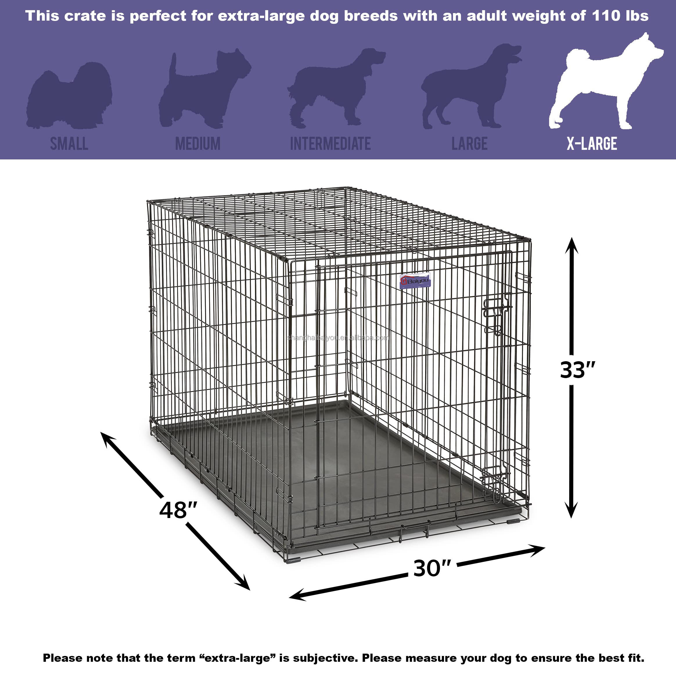 Baiyou Relaxlines large size double door metal pet Cage Metal Kennels Tray Heavy Duty collapsible Dog cage
