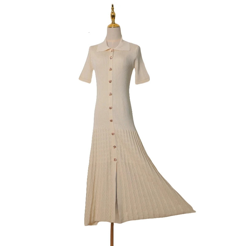 Summer Womens Black Rice Single Chest Knitted Long Skirt Green Elegant Office Womens Short Sleeve Folded Dress Fashion 241125