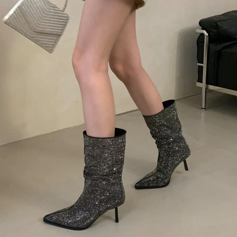Rhinestone High Heel Ankle Boots Women Autumn Winter Pointed Toe er Modern Boots Glitter Sexy Short Boots Ladies 241126
