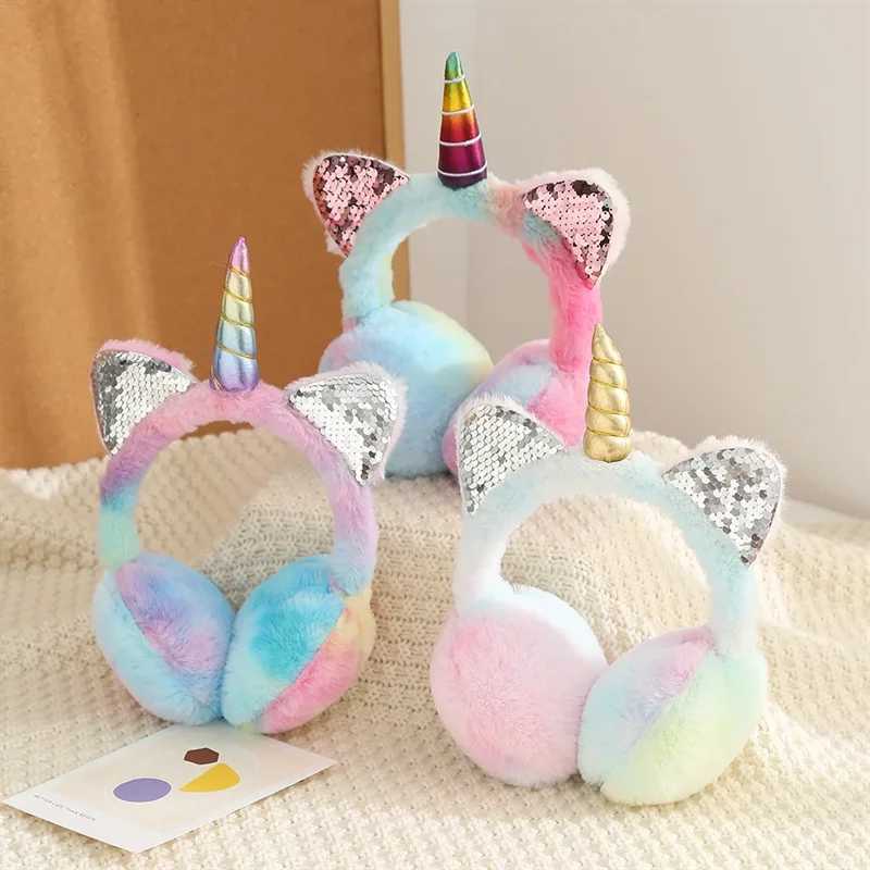 Cute unicorn earmuffs with sequins for children cat earmuffs for winter warm fur plush headband for women tie dye fluffy earmuffs W241126