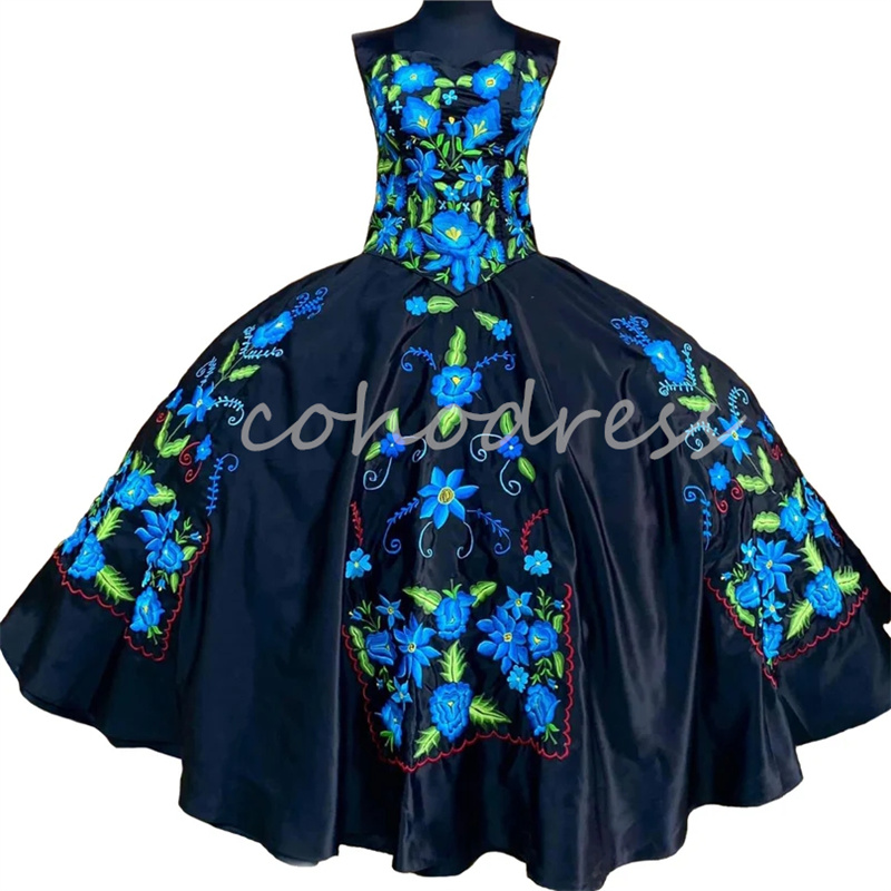 Gorgeous Black Mexican Quinceanera Dresses Charro Blue Embroidery Flower Vestido De 15 Xv Anos Corset Birthday Party Halloween Costume Sweet 16 Dress 