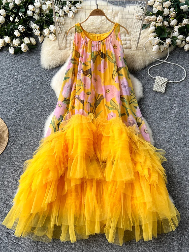French Vintage Print Dress Women ONeck Spaghetti Strap Mesh Splice Irregular Ruffles Beach Fashion Ball Gown Dresses