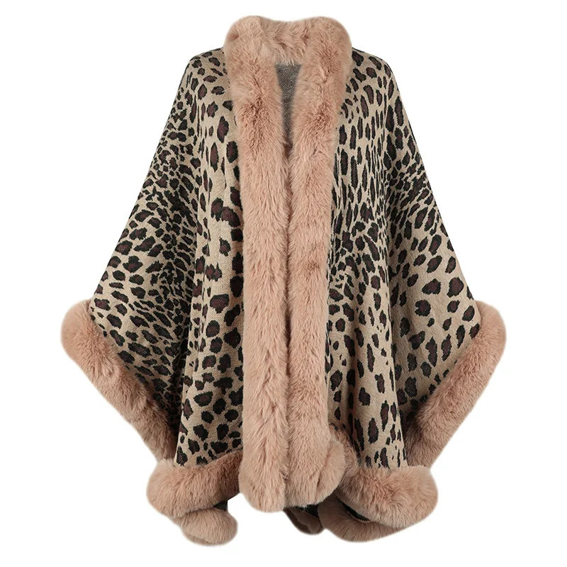 WeHello AutumnWinter Ethnic Style Fur Collar Cape Cardigan Fashion Leopard Pattern Shawl Sweater for Women 241112