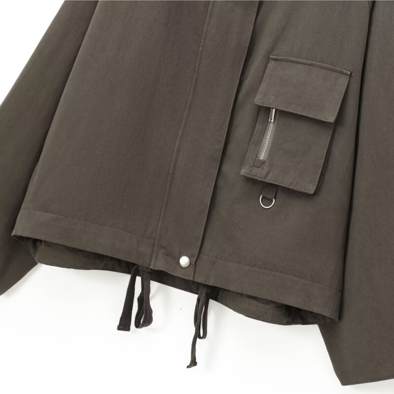 TRAF Womens Autumn Waxed Leather Jacket Decoration Zipper Placket Long Sleeved Casual Lace Up Outdoor Streetwear Overcoat