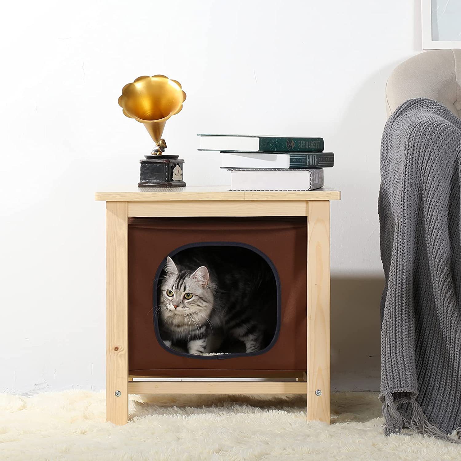People and pets share pet supplies on the bedside table of the indoor cat room