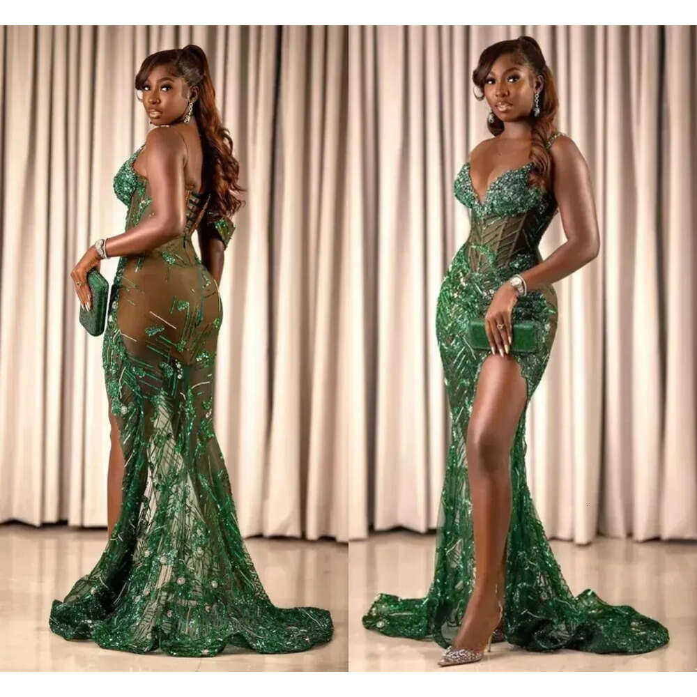Dresses Fabulous African ASO EBI Sexy Sheer Green Split Long Evening Prom Gowns Appliques Sequins Spaghetti V Neck Met Gala Robes Bc 6660306