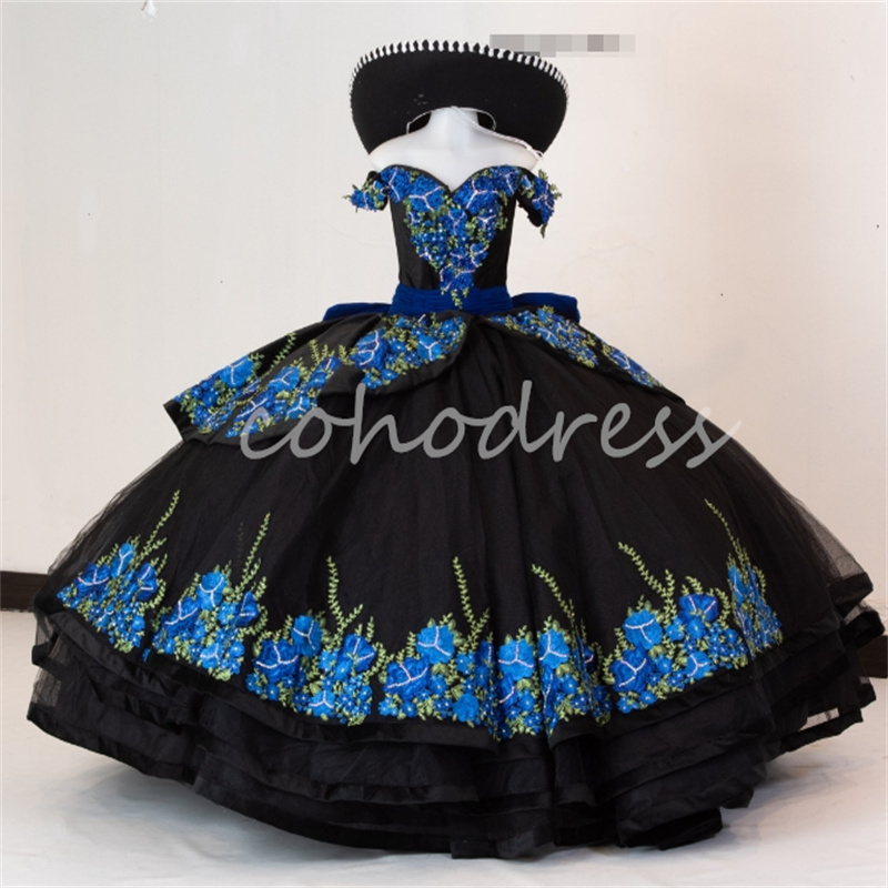 Black And Blue Mexican Quinceanera Dresses Charro Off Shoulder Appliques Vestido De 15 Anos Corset Bow Birthday Party Gown Elegant Sweet 16 Dress 2025