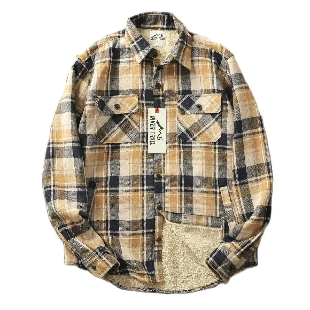 Winter plain woolen shirt jacket mens flannel warm jacket outdoor casual work Sherpa lining button retro shirt 241126