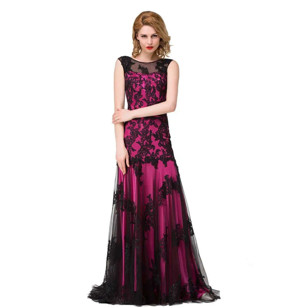 In Stock New Sexy Sheer Tulle Sleeveless Mermaid Evening Dresses Black Lace Applique Formal Party Women Floor Length Prom Gowns Cps