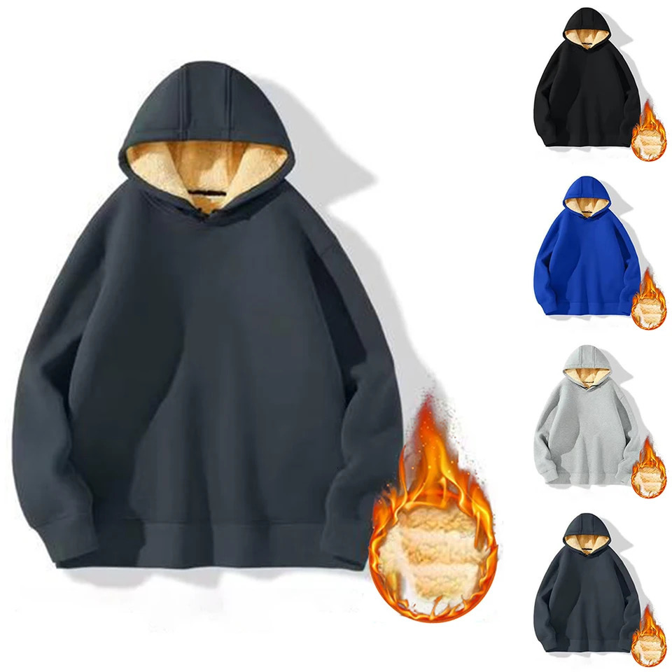 Mens high-quality wool lined hooded sweatshirt long sleeved solid color winter warm hooded sweatshirt mens top 241120