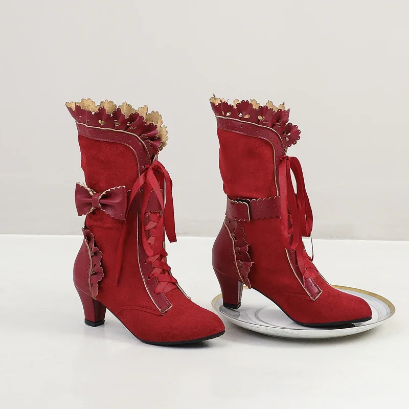Autumn and Winter Retro Womens Victoria Boots Lace High Heels Bootie Ruffle Decoration Lolita Princess Role Playing Tea Party Dress Shoes 241126