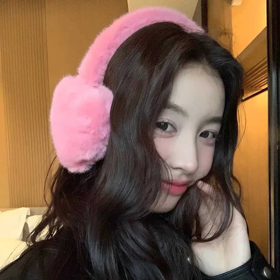 Y2k Korea Women Kaii Pink Heart Earmuffs Winter Warm Thickened Janese JK Ear Protection Cycling Eaags AccoriesXJ241126