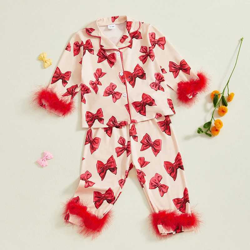 Clothing Sets 2-7Years Kids Girl Bow Print Pajama Sets Fall Winter Long Sleeve Lapel Neck Button-up Tops and Long Pants Plush Trim Loungewear H241126