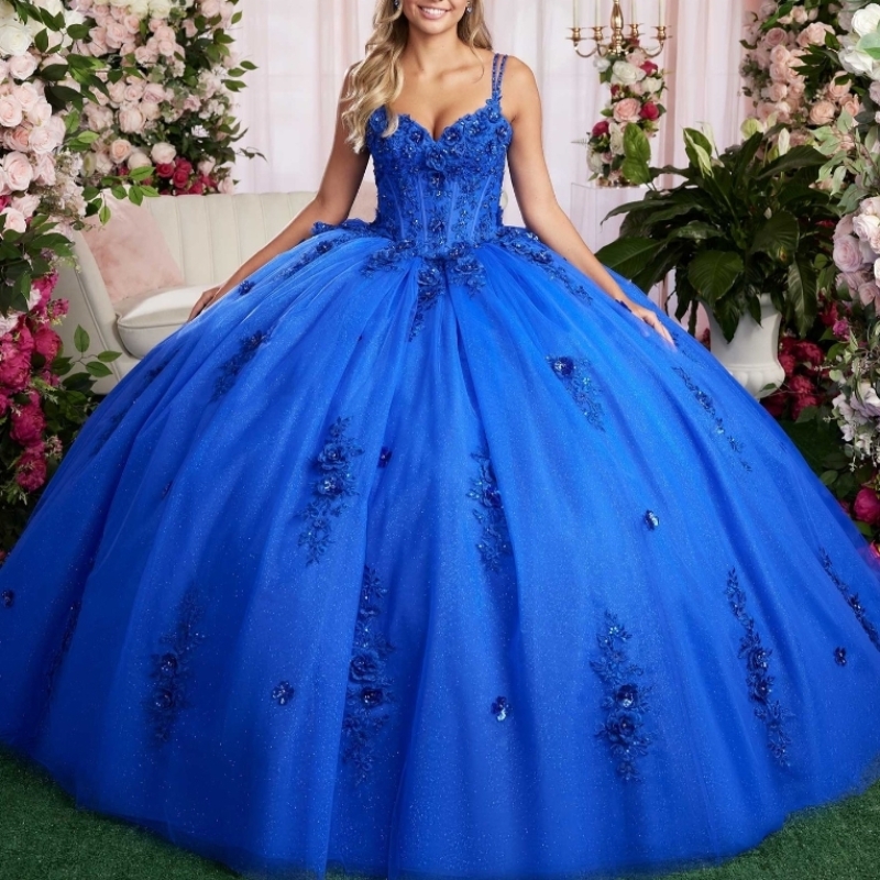 Royal Blue Shiny Quinceanera Dresses Off Shoulder Vestidos De 15 Anos Applique Lace Beads Bow Tull Formal Birthday Party Sweet 16 Dress