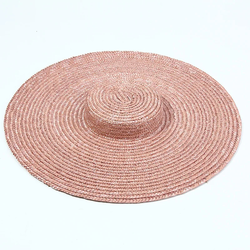 15cm wide Brim straw hat flat top summer beach hat womens ribbon rowing hat gray black pink blue with shoulder strap 241125