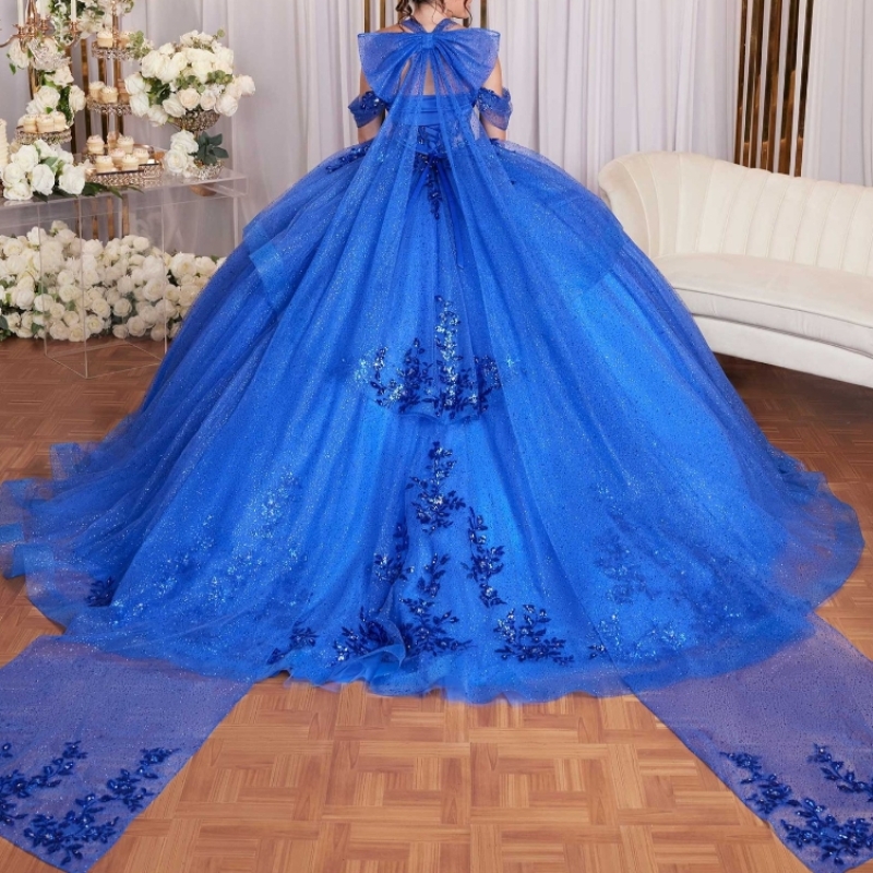 Royal Blue Shiny Quinceanera Dresses Off Shoulder Vestidos De 15 Anos Sequin Applique Beads Bow Tull Formal Birthday Party Sweet 16 Dress