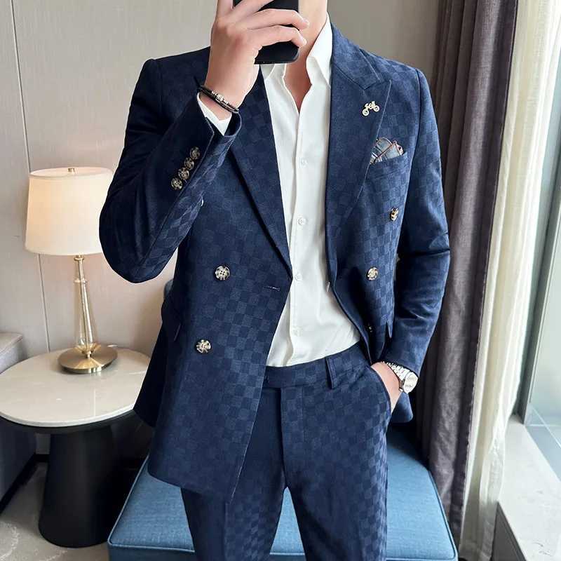 2 pieces of blue almond business party mens double chest formal style custom wedding groom tailcoat (jacket+pants) X241126