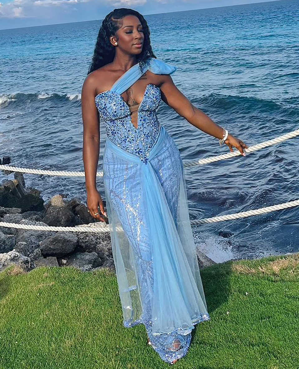 Fashion Evening Dresses For Women Sequins Appliques Gown One Shoulder Sleeveless Customized Dress Party Prom