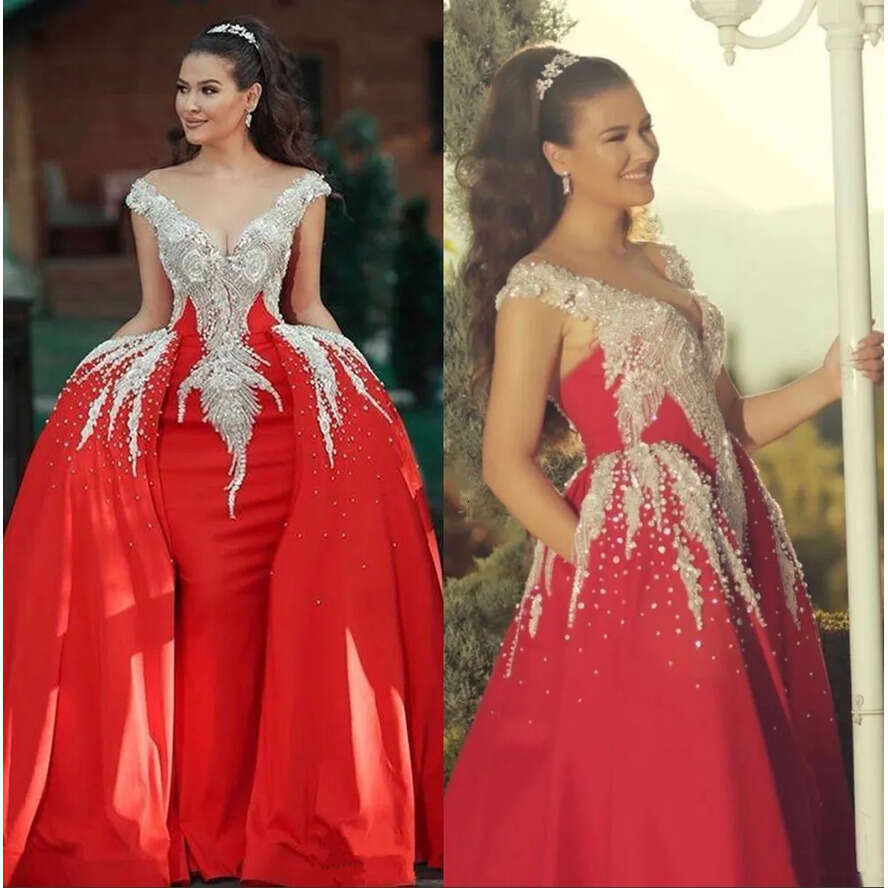 Red Mermaid Prom Dresses: Crystal Beaded Formal Evening Gowns with Detachable Train