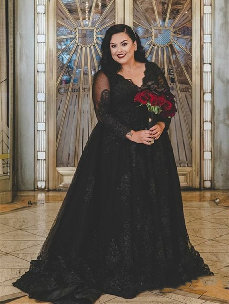 Gothic Black Wedding Dresses Long Sleeve A Line Bridal Gowns Lace Appliques V-Neck Long Tulle Plus Size Bride Dress 2024 Garden Vestido De Novia